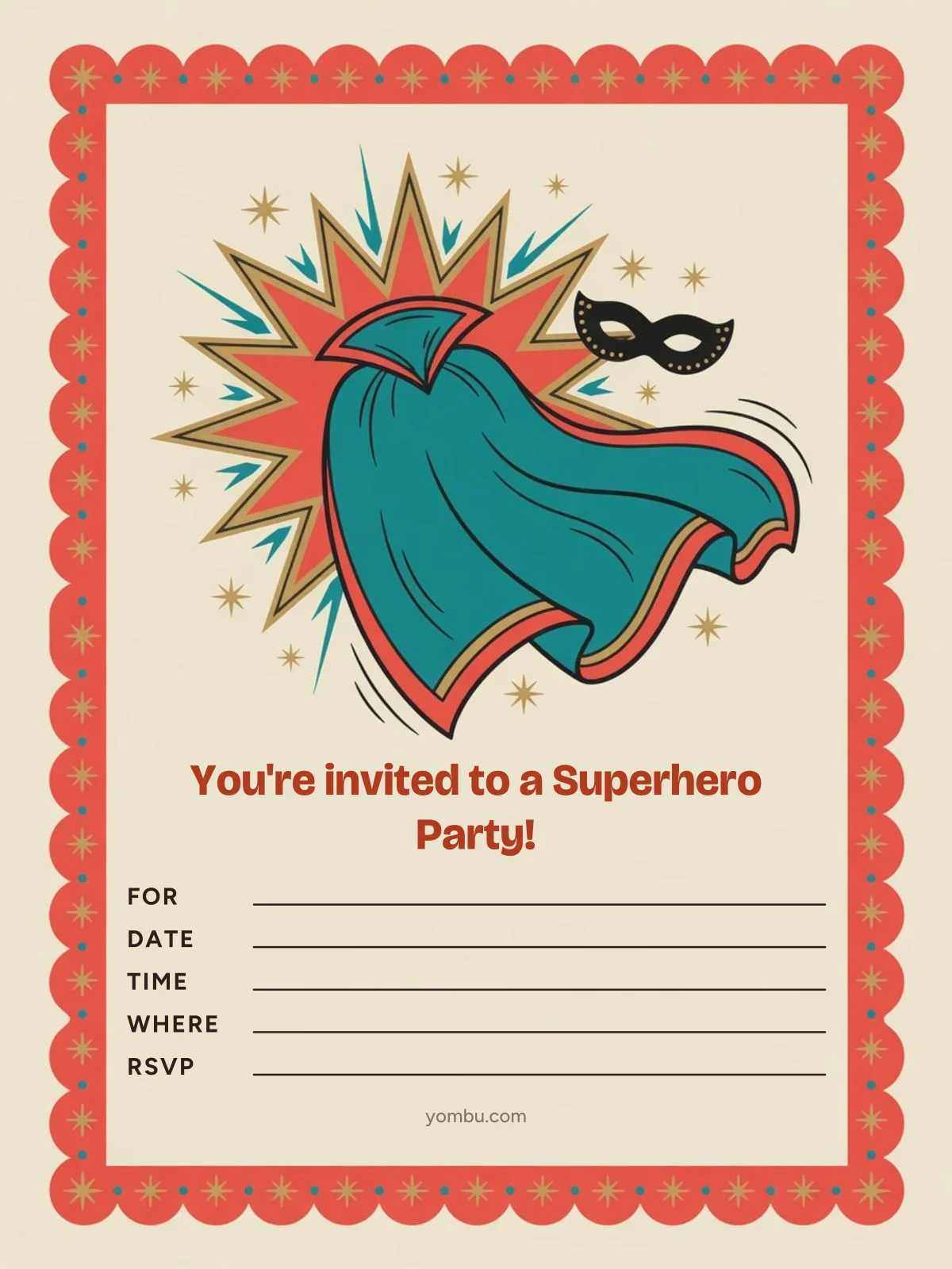 Printable superhero party invitation card with a generic cape silhouette, a comic-style POW burst and a cardboard city skyline, and blank lines for the date, time and address