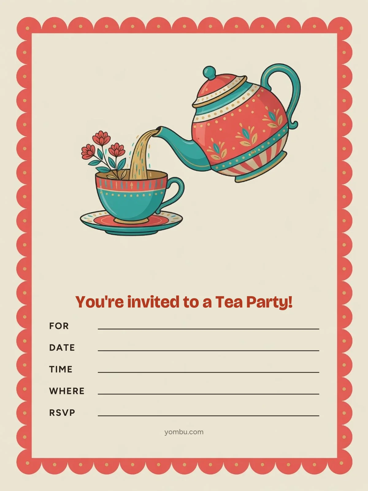 Printable tea party invitation card with a teacup, a teapot and a small flower illustration, with blank lines for the date, time and address