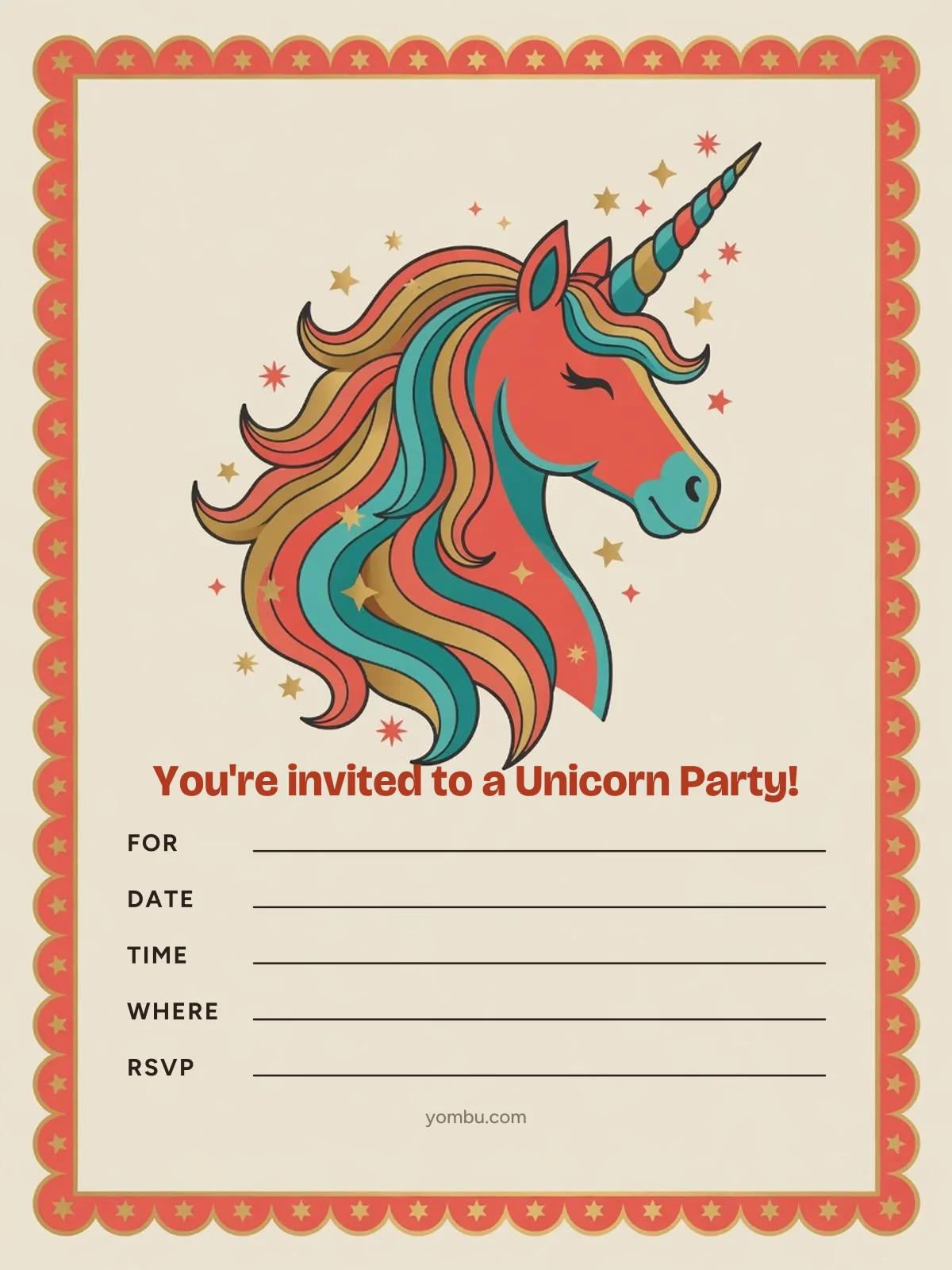 Printable unicorn party invitation card with a pastel unicorn head wearing a gold paper horn, a rainbow mane and cloud shapes, with blank lines for the date, time and address