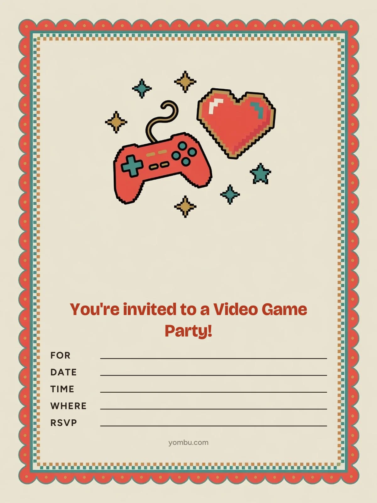 Printable video game party invitation card with a pixel-art controller, a level-up badge and blank lines for the date, time and address