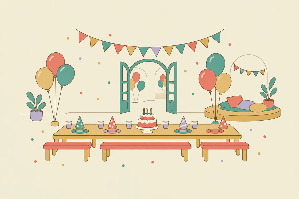 An illustrated party room with bunting, balloons and a cake table