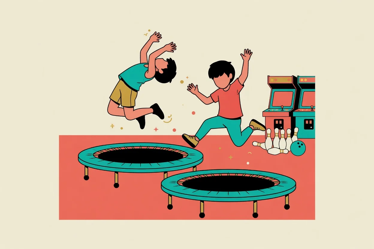 Illustration of a high-energy activity party — a child bowling and another driving a go-kart under arcade lights, with a cake and balloons on a table nearby