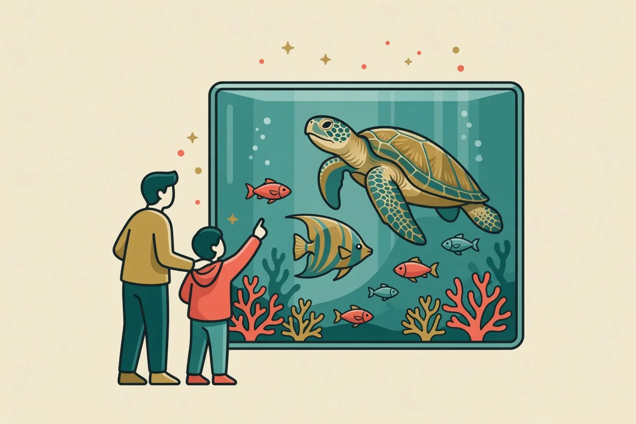 Illustration of a birthday party at a museum or nature center, children gathered around a handler holding a small animal, with a cake table nearby