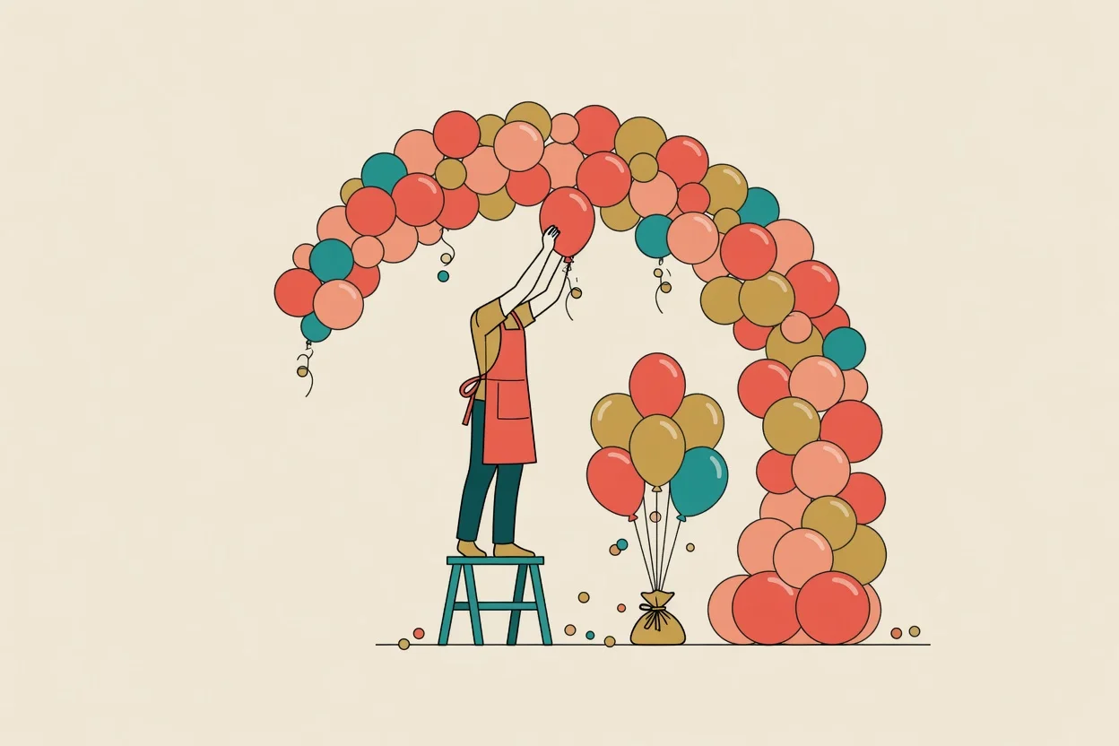 Illustration of a balloon artist twisting a balloon animal for a group of delighted children at a party