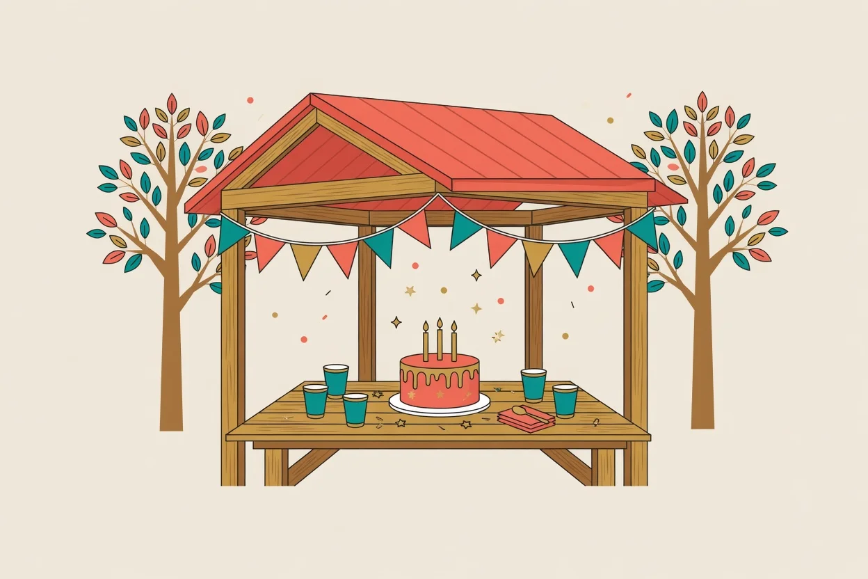 Illustration of an outdoor birthday party in a park, a picnic table with a cake and balloons under a tree, children playing on the grass