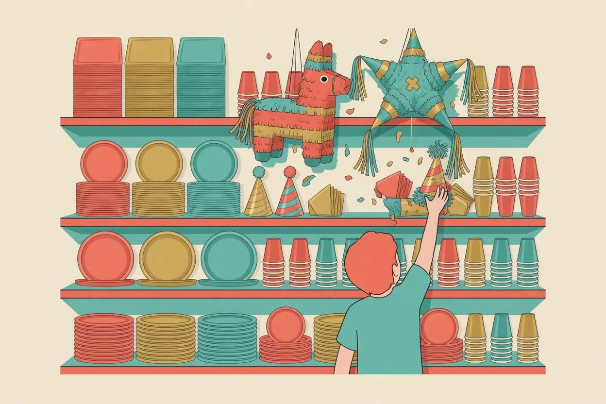 Illustration of a party-supply shop interior — shelves of plates, cups and streamers, a piñata overhead, a shopper pushing a trolley