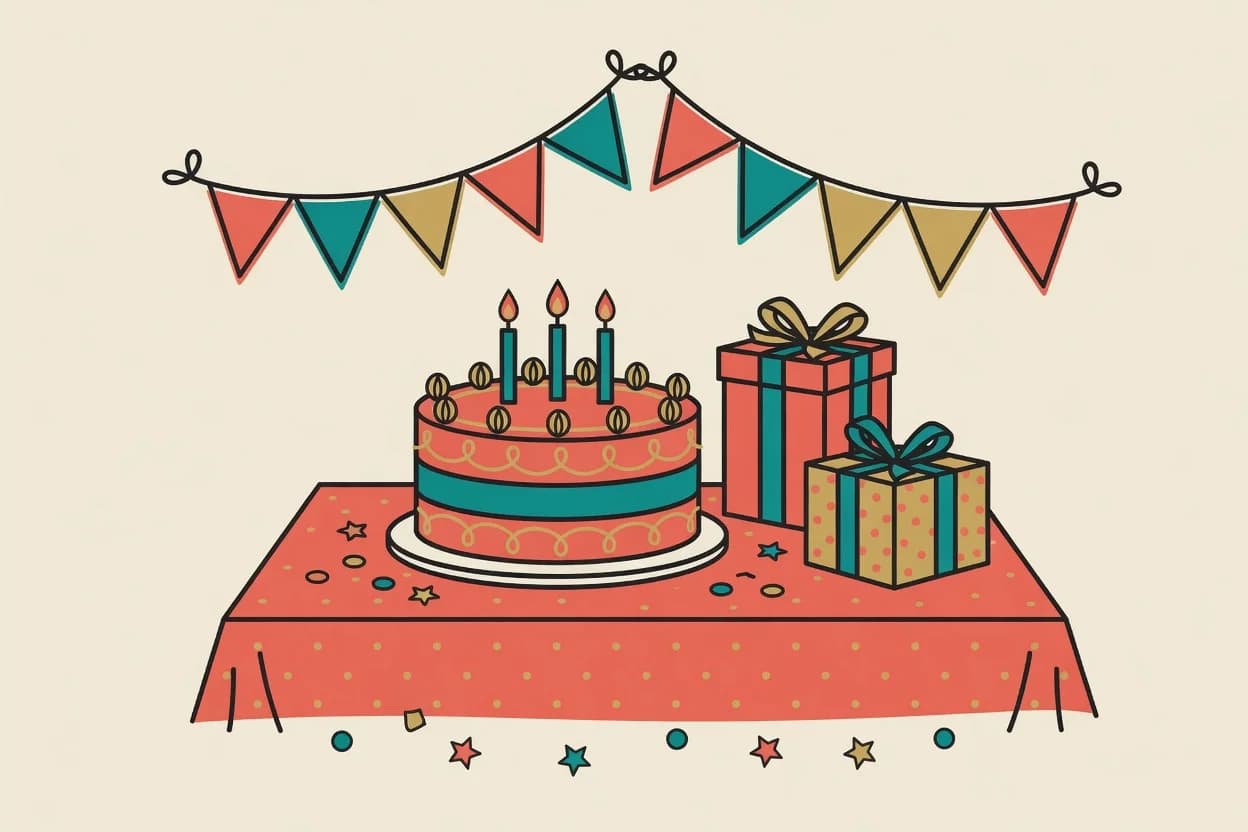 Illustration of a lively kids' birthday party scene — balloons, bunting, presents and a cake table with children celebrating