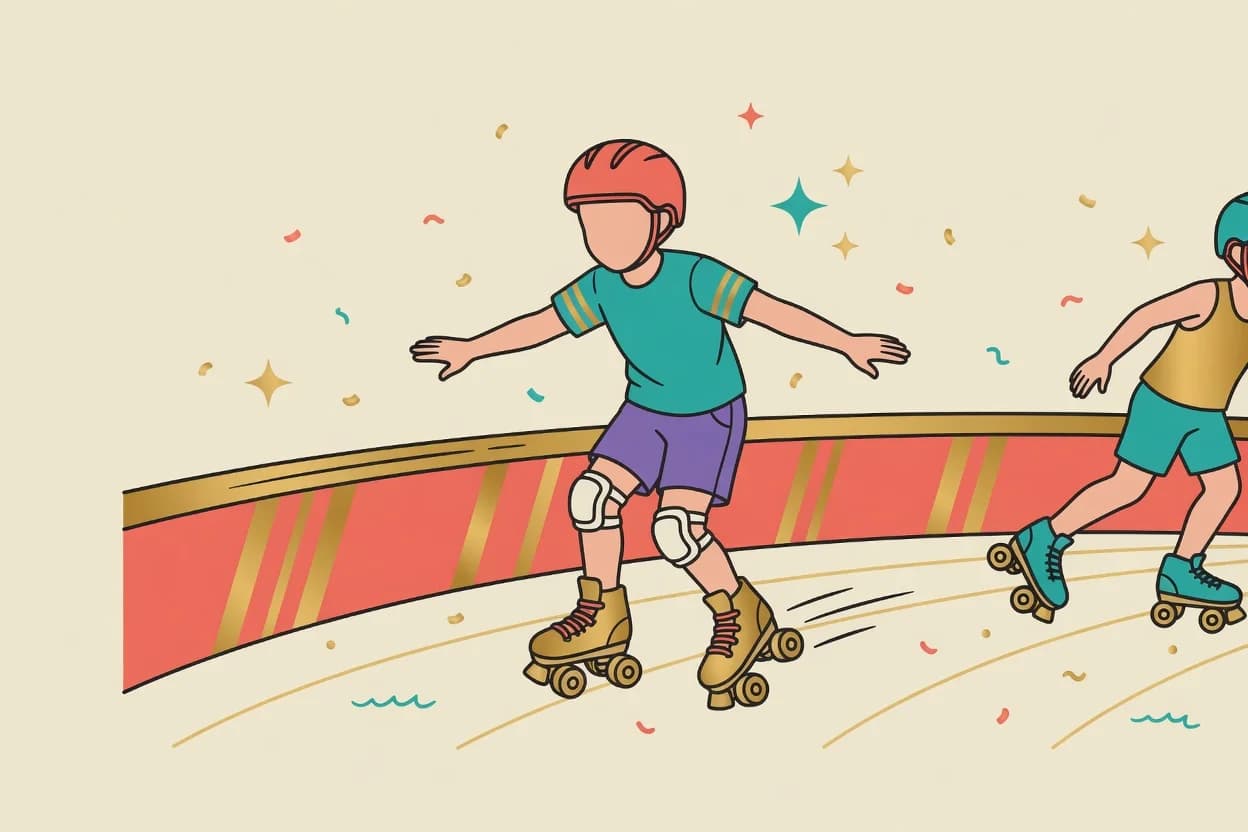 Illustration of children roller-skating around a rink, with a cake and balloons on a table at the edge