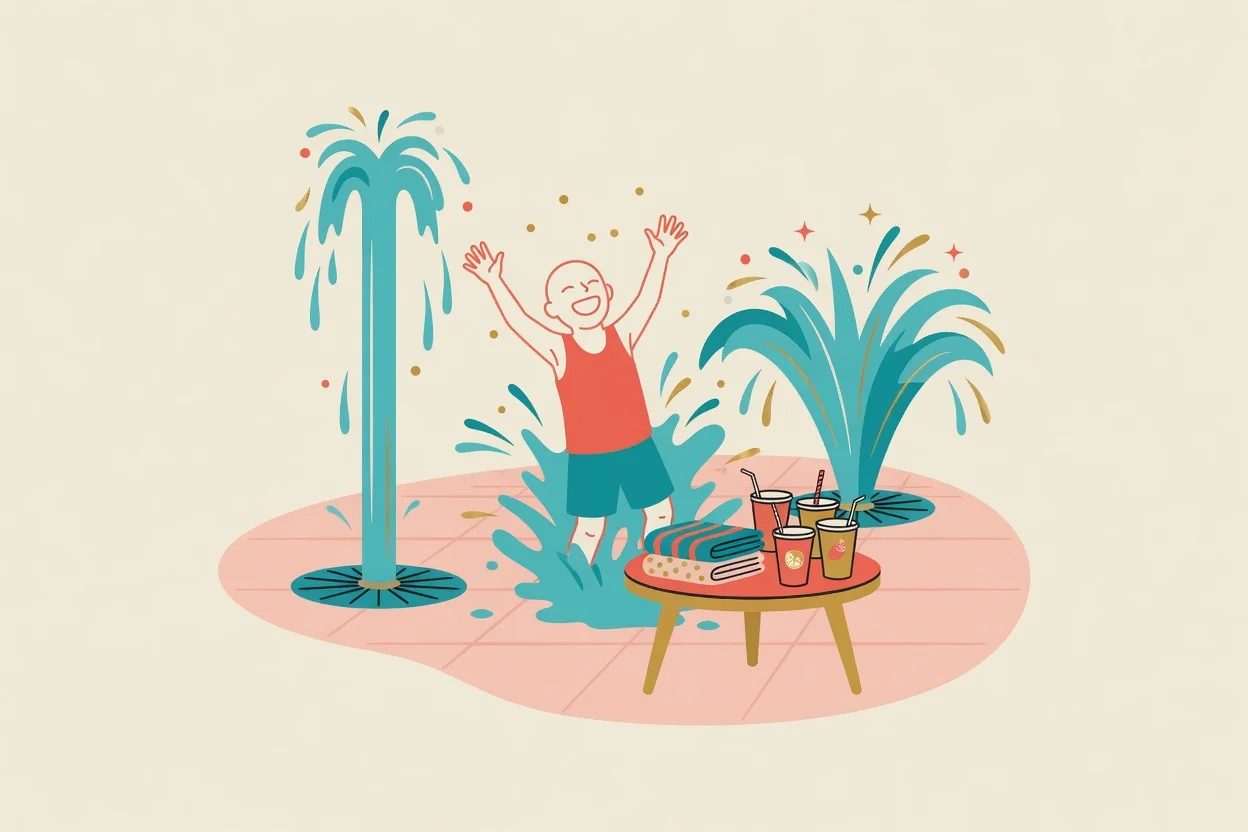 Illustration of a splash-pad birthday party, children playing in arcing jets of water, with a cake and folded towels on a table under a parasol