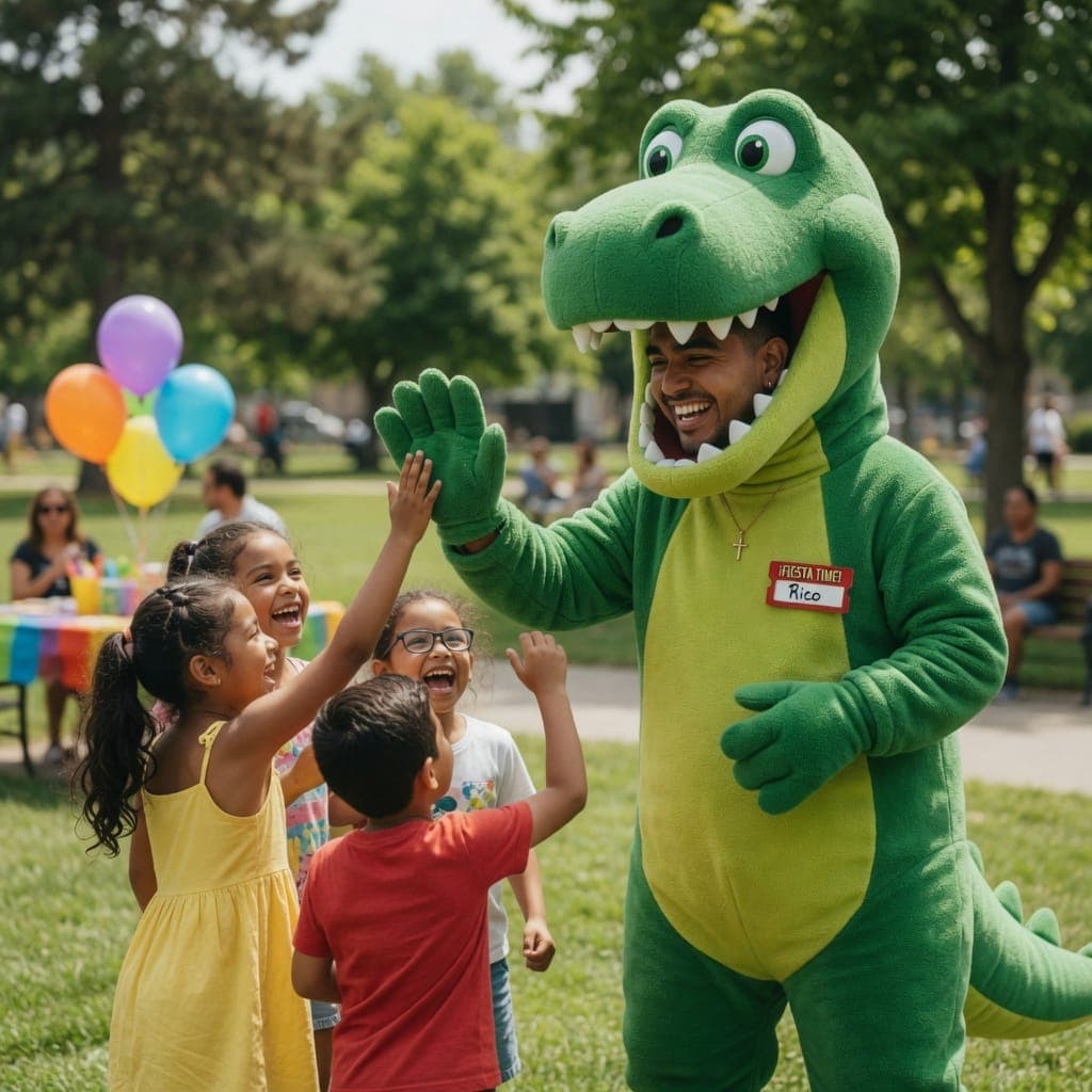 A dinosaur-costumed party character high-fiving a group of laughing kids at an outdoor birthday party