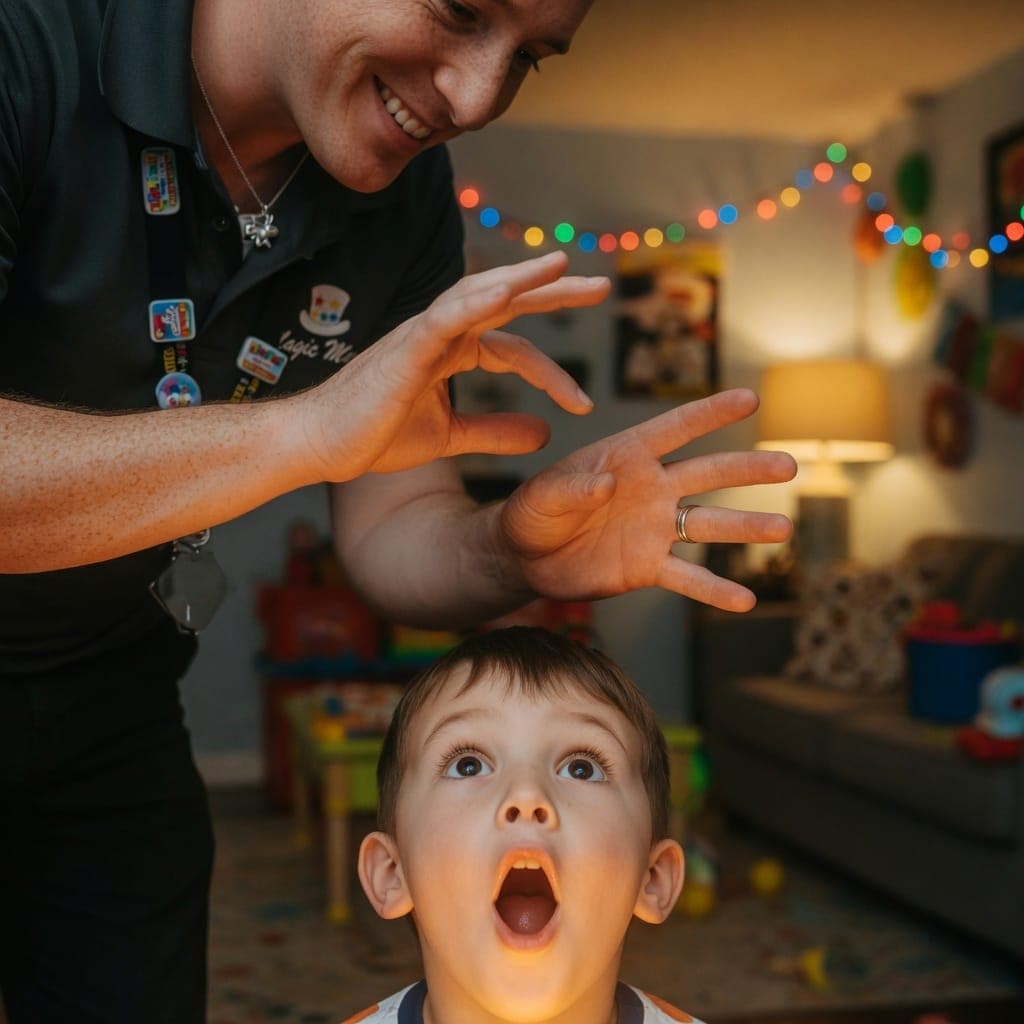 A magician mid-trick as a wide-eyed boy gasps in amazement at an indoor birthday party