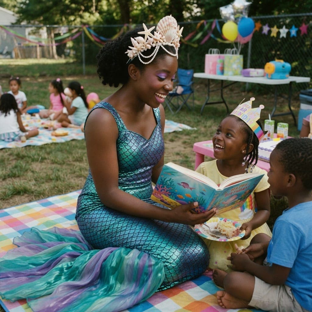 A costumed mermaid character reading a birthday storybook to a delighted girl in a birthday hat