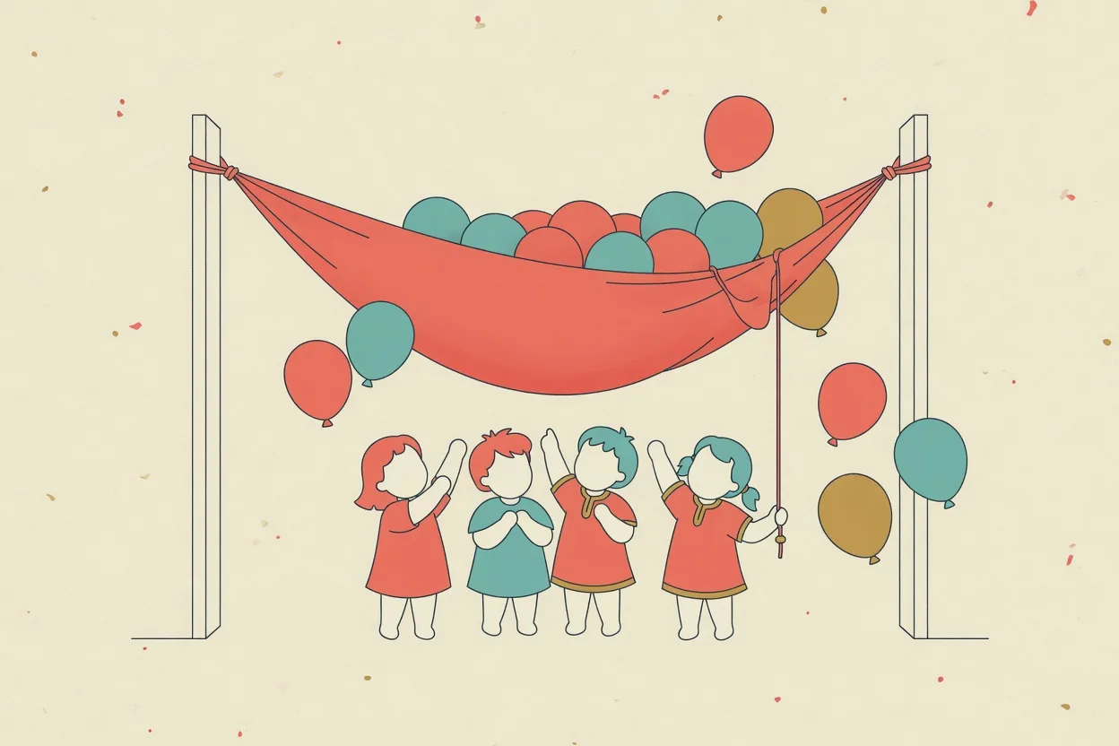 Illustration of a bedsheet slung between two doorframes and loaded with balloons, a pull-string hanging from it, and four children waiting underneath with their arms up