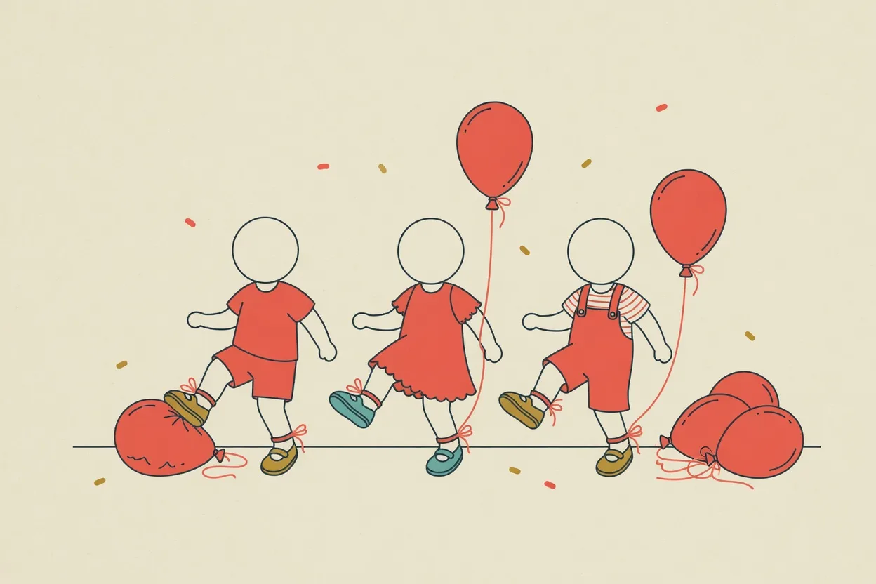 Illustration of three children with balloons tied to their ankles, one balloon squashed flat under a shoe