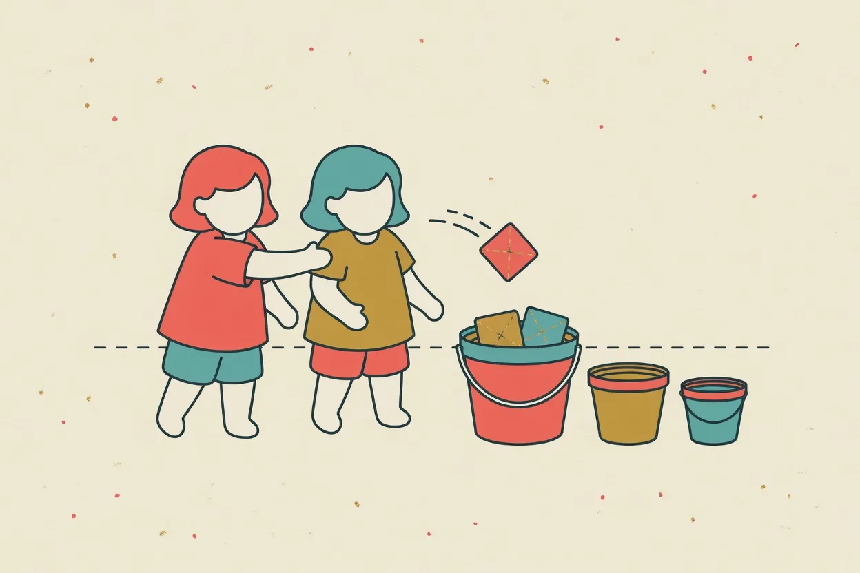 Illustration of two children tossing bean bags underarm toward a row of three buckets, one bag mid-air