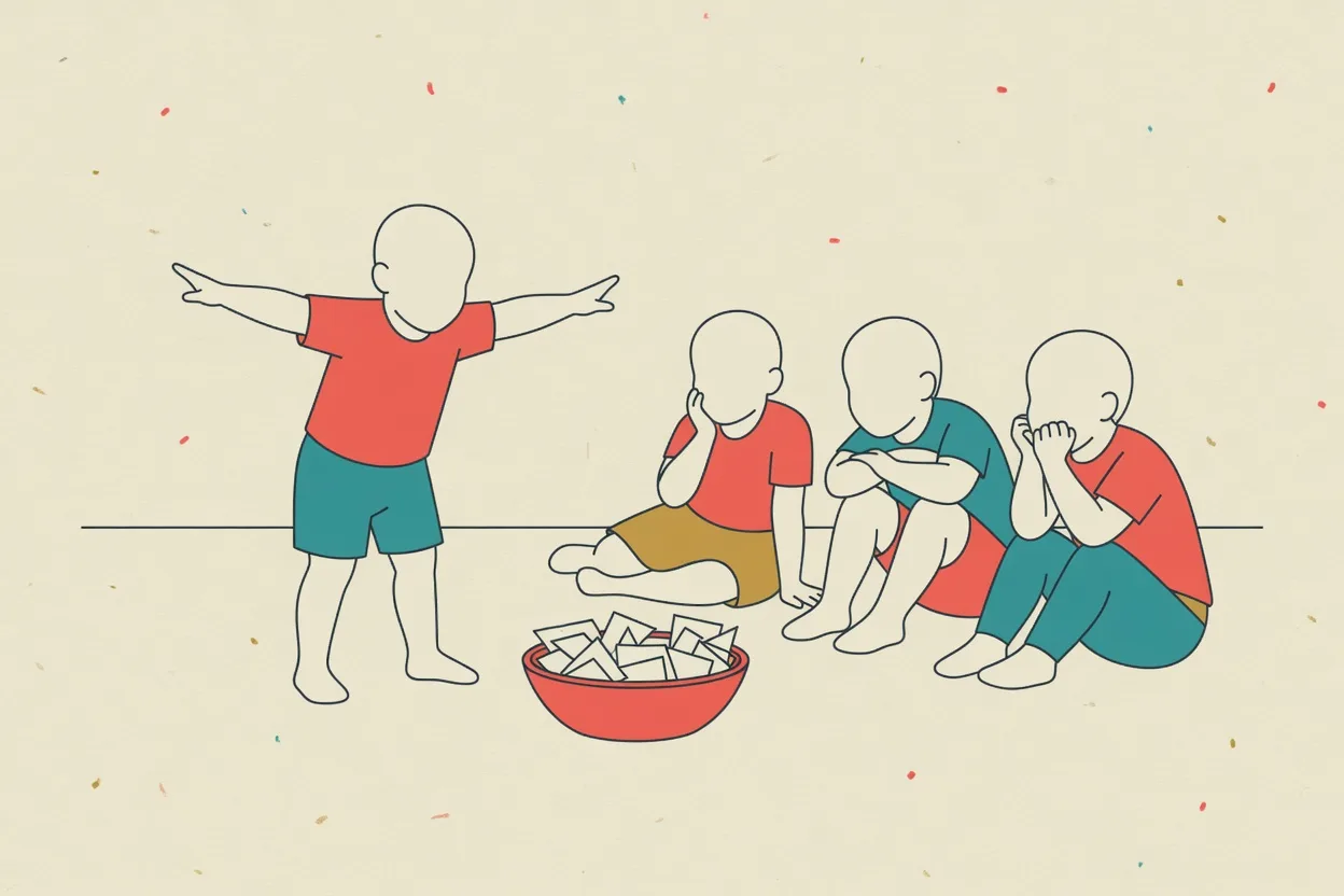 Illustration of a child miming with both arms outstretched while three seated children guess, a bowl of folded paper slips between them