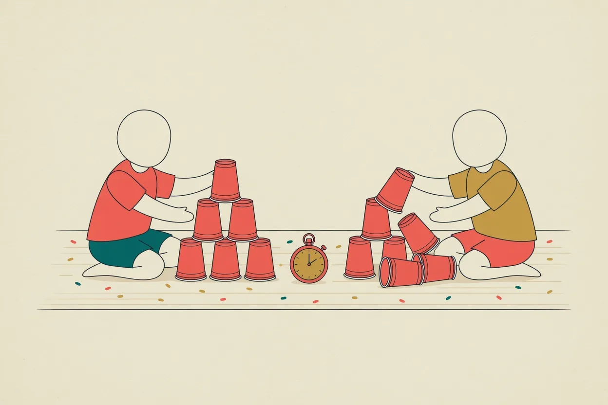 Illustration of two children racing to stack plastic cups into pyramids, a stopwatch on the floor between them
