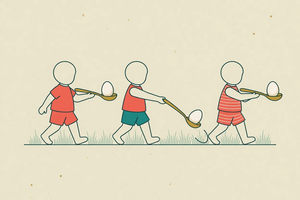 Illustration of three children walking with eggs balanced on spoons held at the very end of the handle, the middle egg tipping off mid-fall