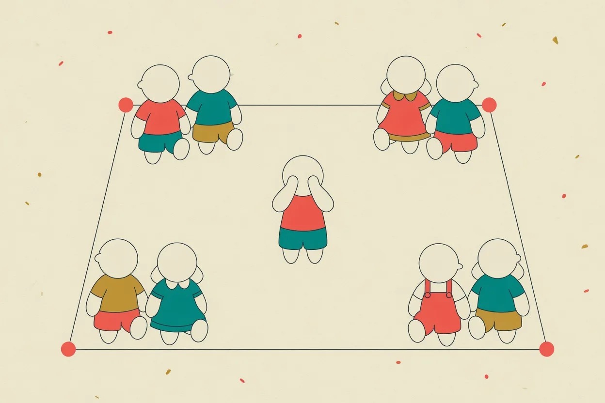 Illustration of a room with a pair of children standing in each of its four marked corners and one child in the middle with hands over their face