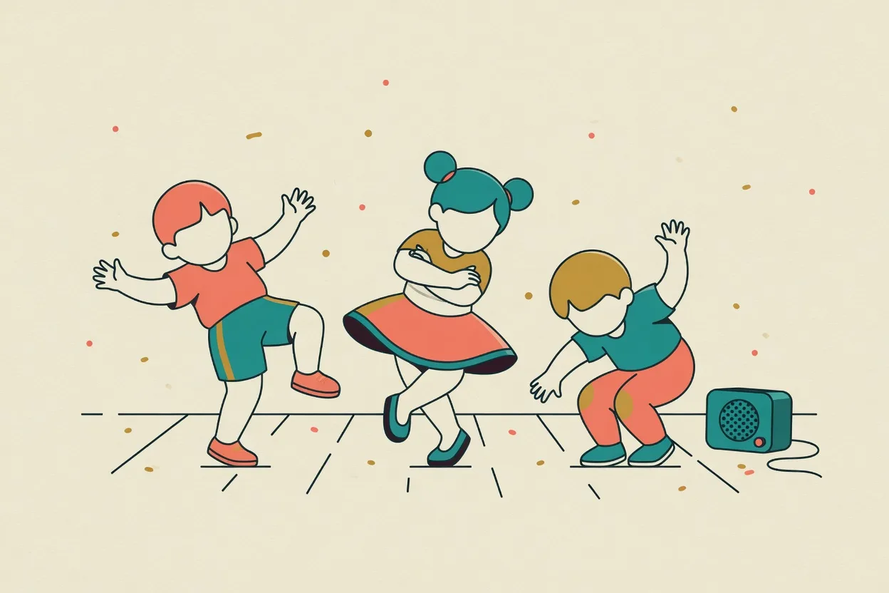 Illustration of three children caught mid-dance in still poses beside a small speaker