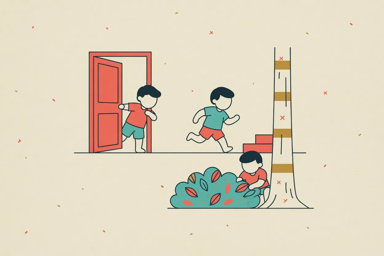 Illustration of one child stepping out of a doorway while another runs and a third crouches behind a bush by a tree