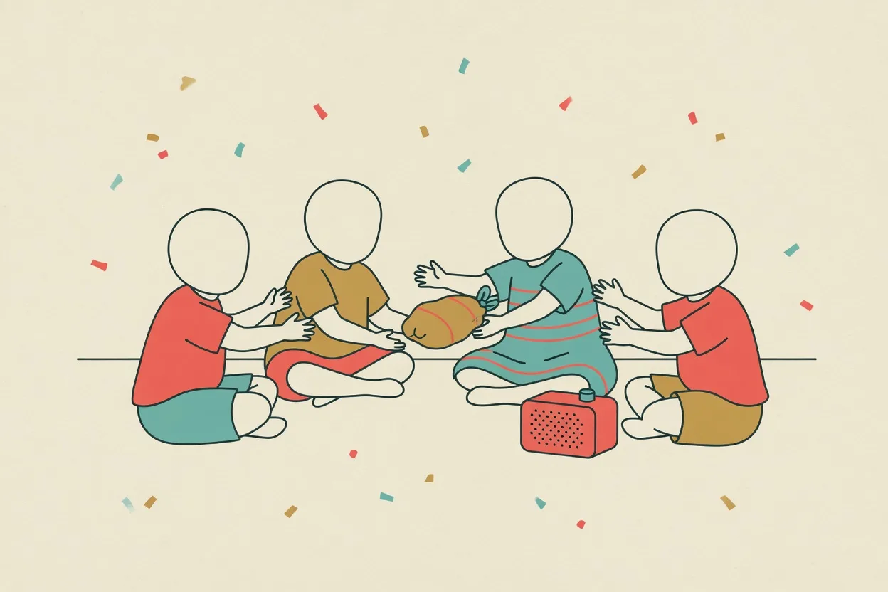 Illustration of four children sitting in a circle passing a potato hand to hand, a small speaker beside them