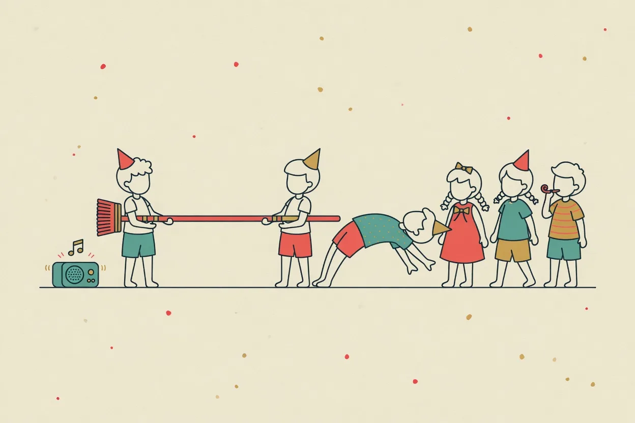 Illustration of a child bending backwards under a pole held by two others, a queue waiting their turn and a speaker to one side