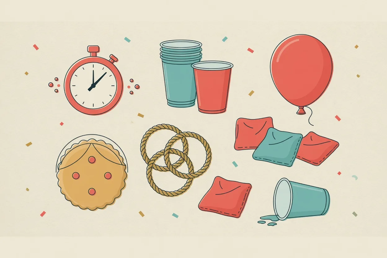 Illustration of minute-to-win-it kit laid out in a grid: a stopwatch, plastic cups, a balloon, a biscuit, rope rings and bean bags