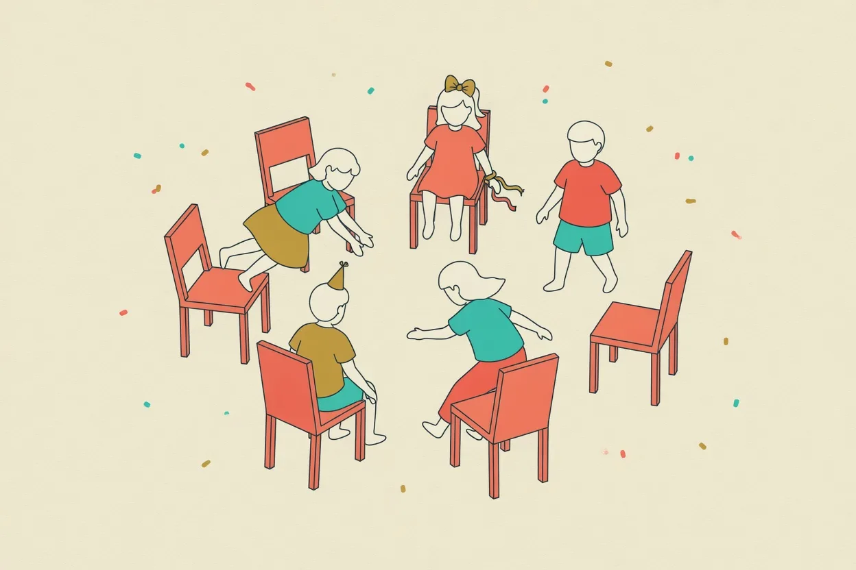 Illustration of children circling a ring of chairs as the music stops, one child left standing without a seat