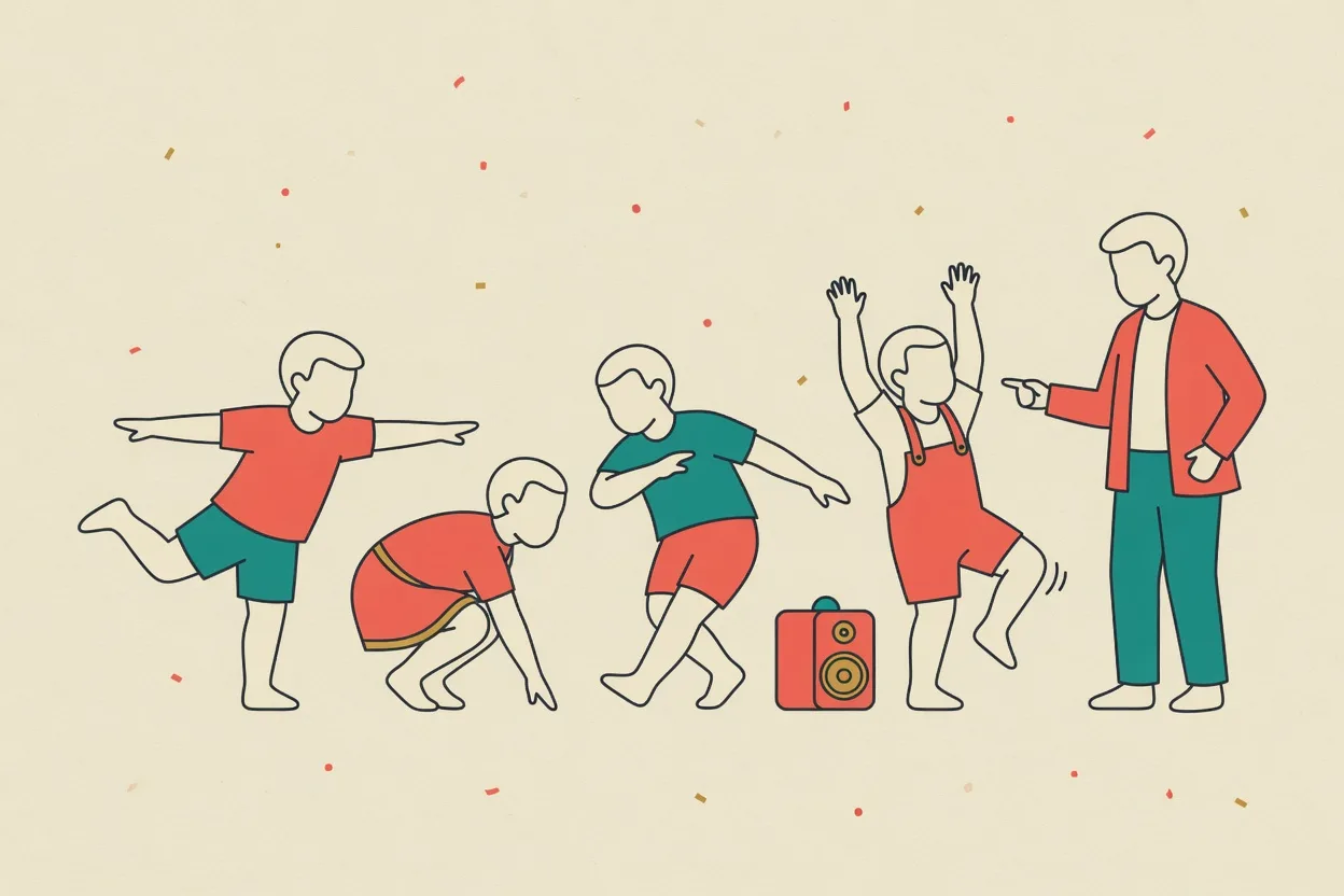 Illustration of four children frozen in still dance poses beside a speaker while an adult judge points at the one still wobbling
