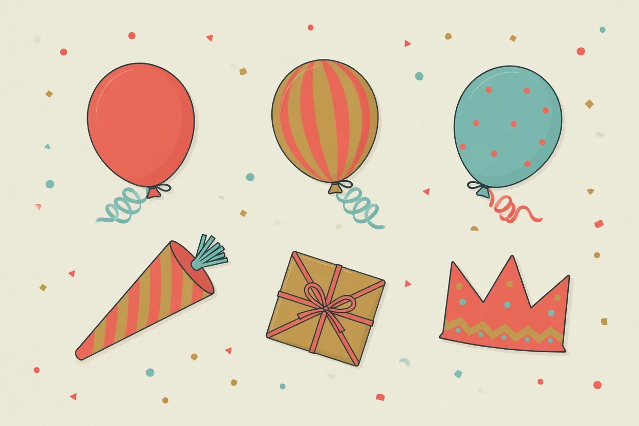 Illustration of new year's eve party kit laid out in a grid: balloons with curled streamers, a party horn, a wrapped favour and a paper crown