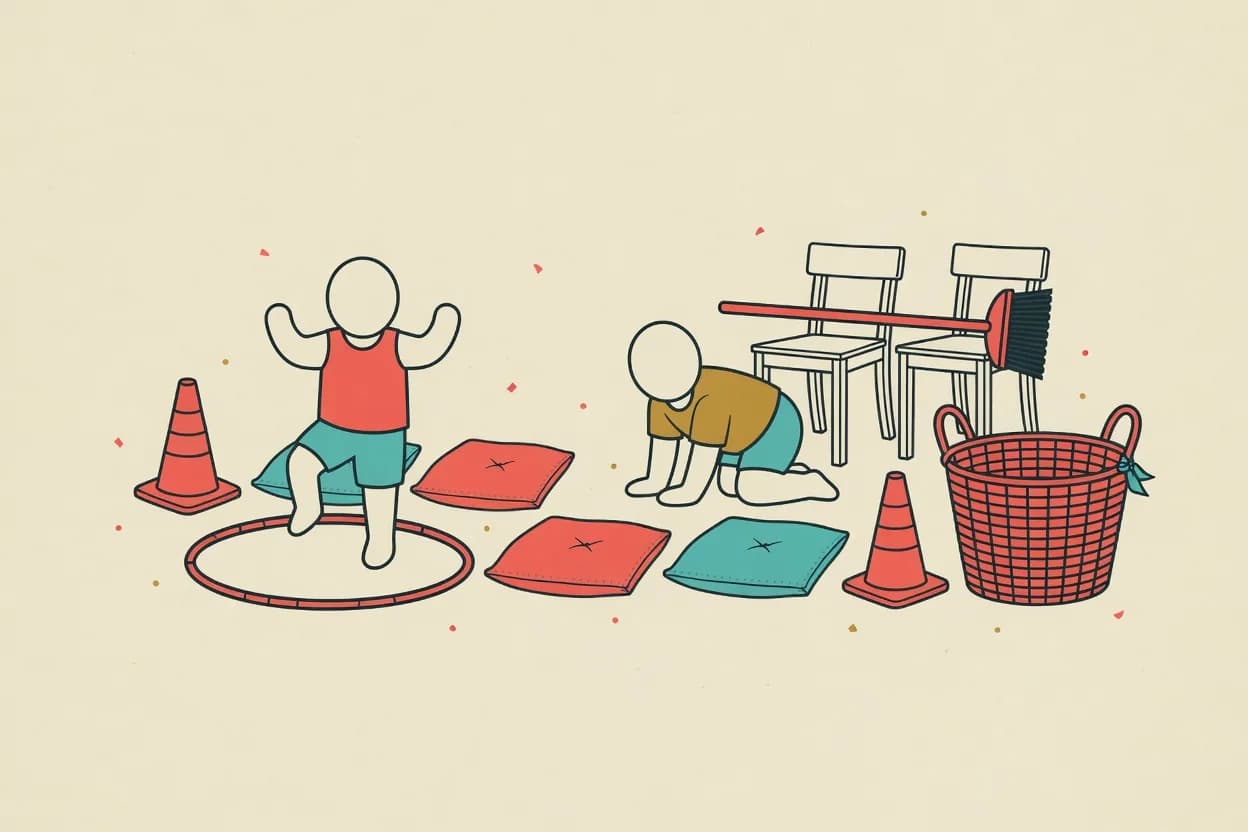 Illustration of a homemade obstacle course: a child stepping through a hoop, another crawling under a broom laid across two chairs, cushions and cones marking the route