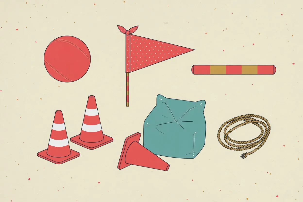 Illustration of outdoor party game kit laid out in a grid: a ball, a flag on a stick, a baton, traffic cones, a bean bag and a coil of rope