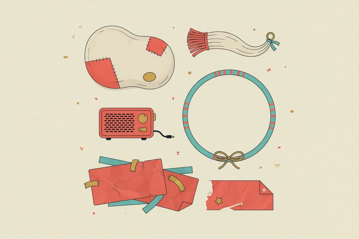 Illustration of party kit for five-year-olds laid out in a grid: a soft potato bean bag, a paper donkey tail, a radio, a hoop and torn parcel wrapping