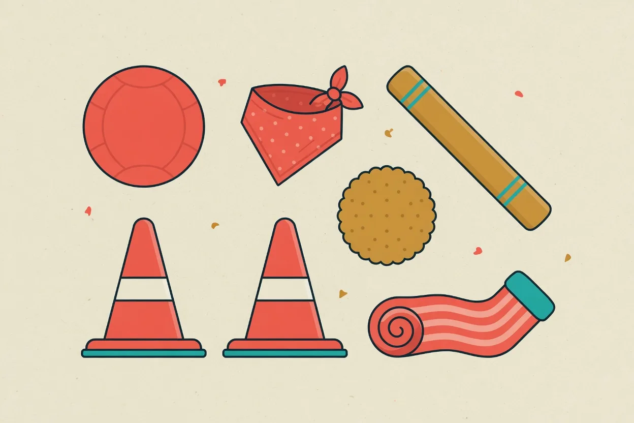 Illustration of party kit for eight-year-olds laid out in a grid: a ball, a bandana, a baton, a biscuit, traffic cones and a rolled sock