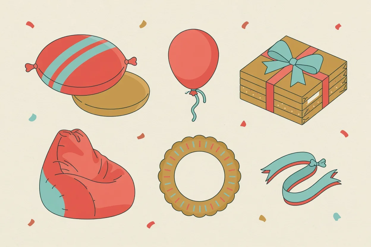 Illustration of toddler party kit laid out in a grid: floor cushions, a balloon, a wrapped parcel, a bean bag, a paper plate ring and a ribbon