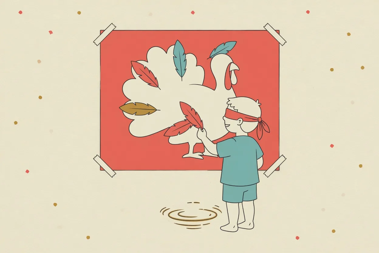 Illustration of a blindfolded child pressing a paper feather onto a turkey poster taped to the wall, with four feathers already stuck on it and a spin mark on the floor