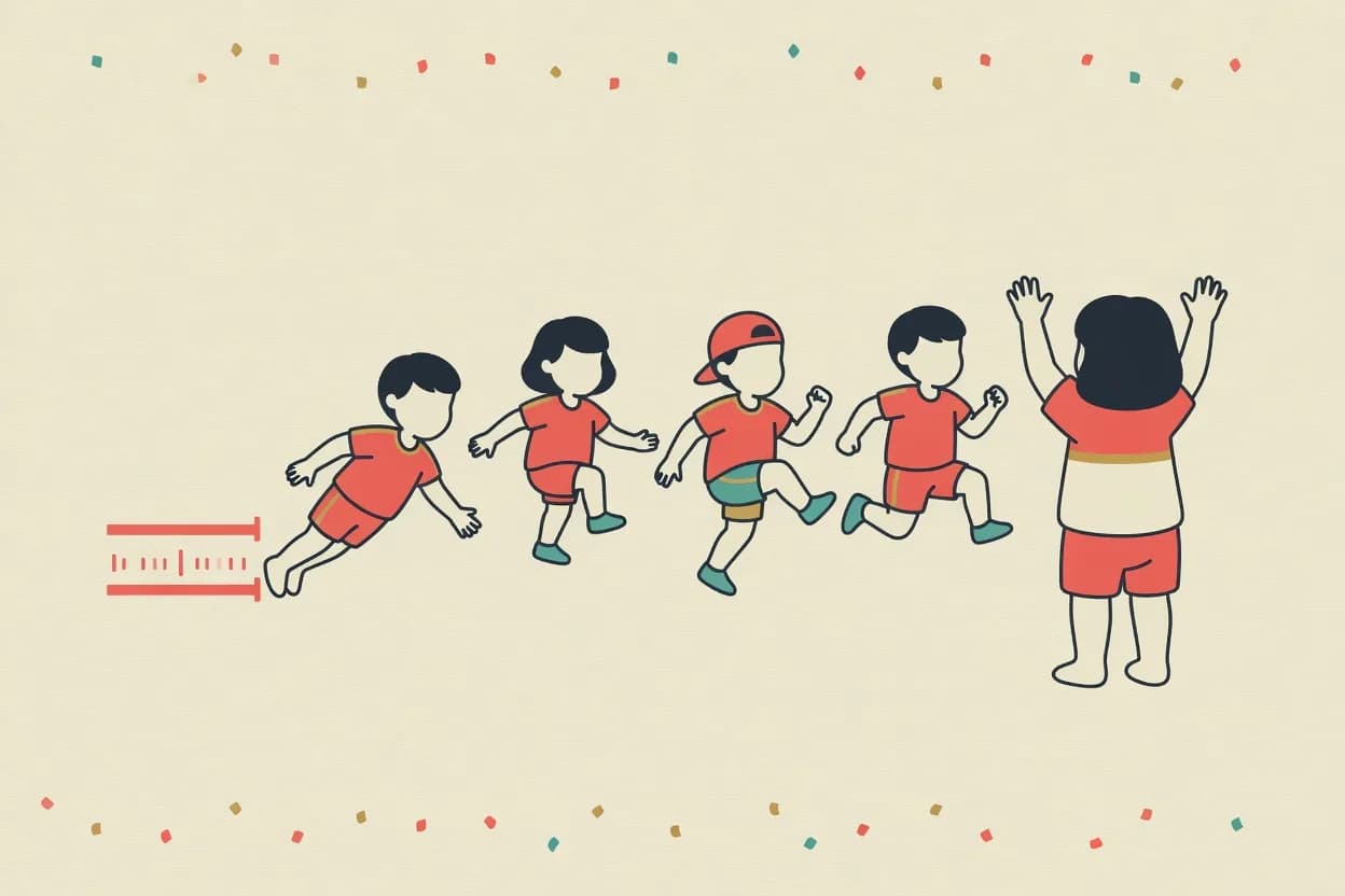 Illustration of a caller standing with their back turned while four children freeze mid-stride across open ground