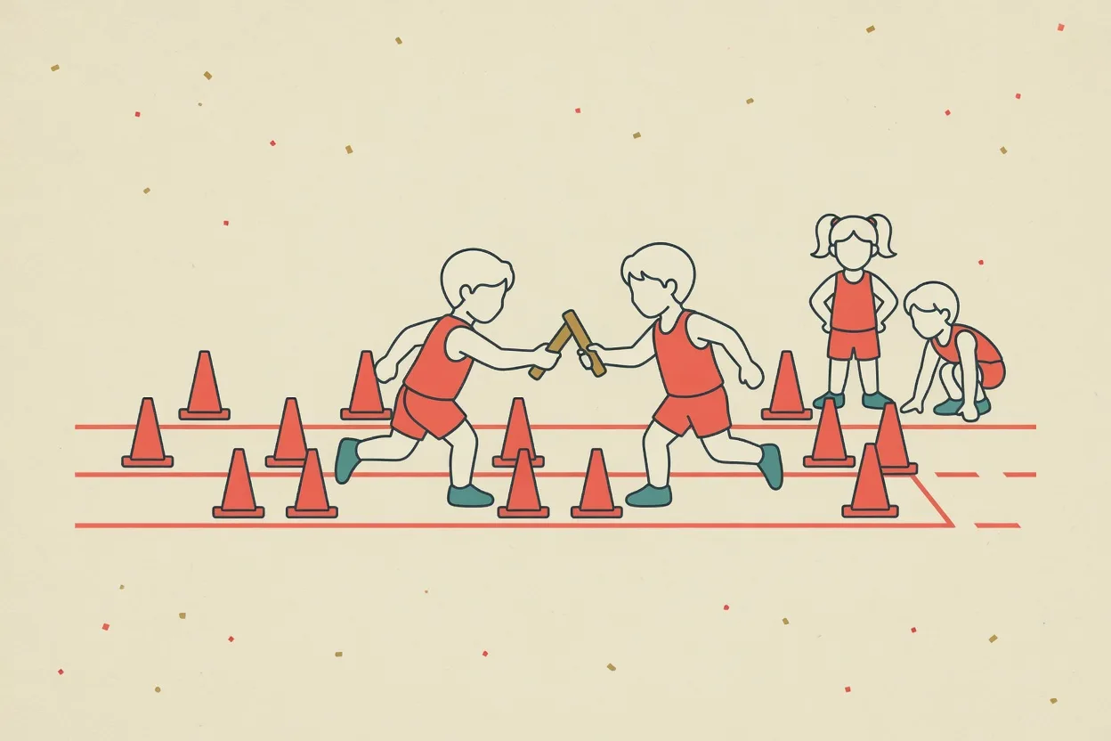 Illustration of two children exchanging a baton mid-race while teammates wait behind the line, cones marking the lanes