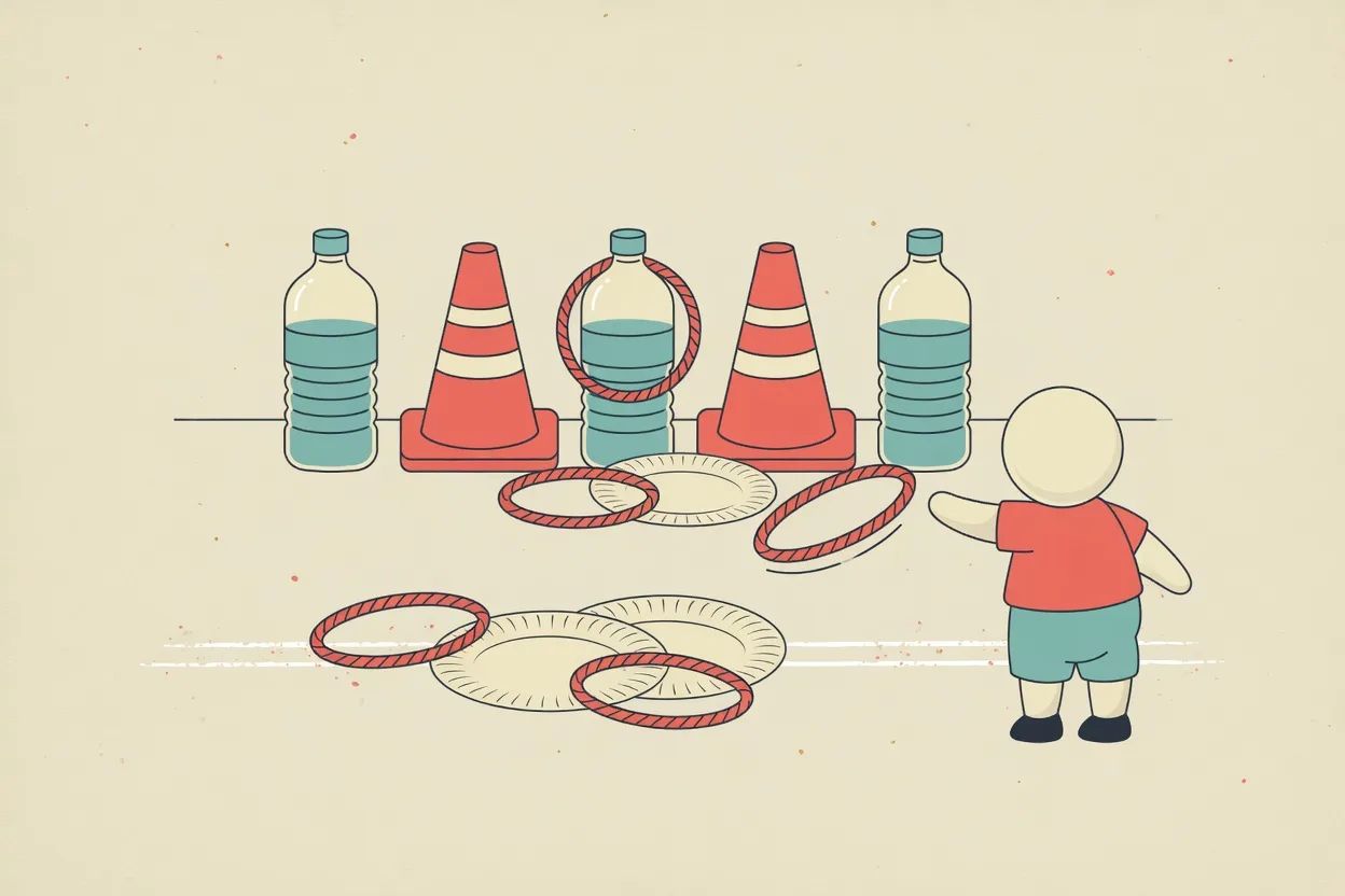 Illustration of rope and paper-plate rings scattered near a throw line aimed at bottles and cones, one ring hooked over a bottle neck