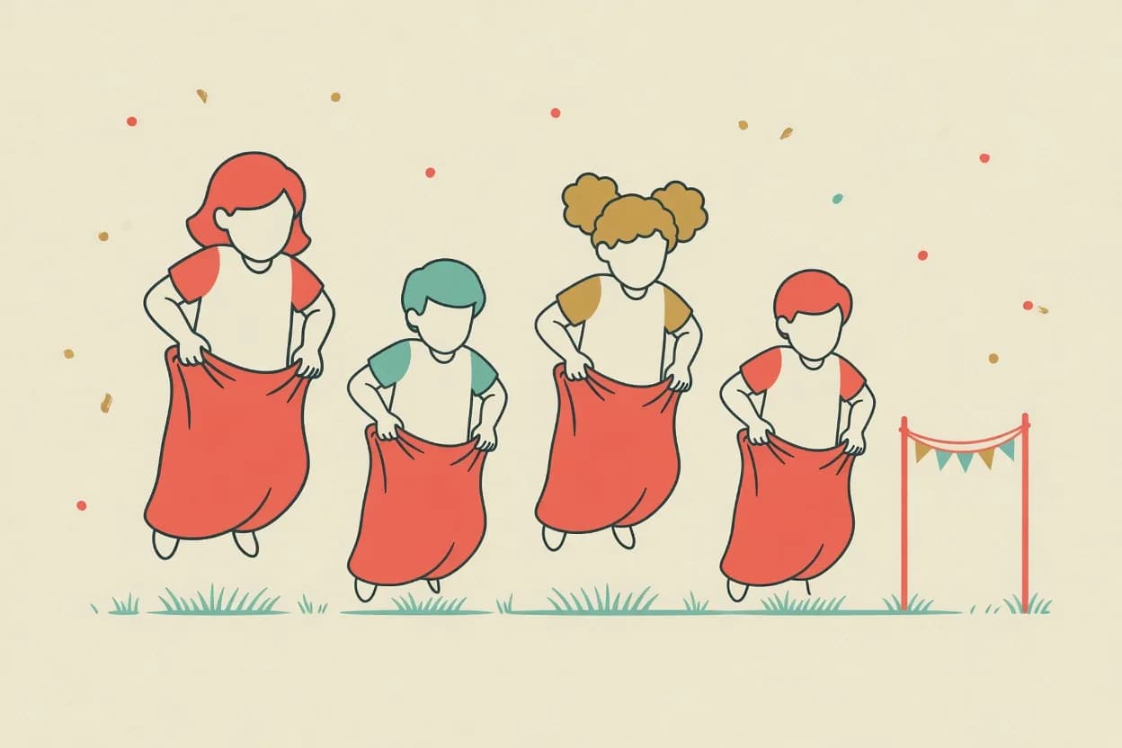 Illustration of four children racing in sacks, each gripping the top edge at the waist, all caught in the air mid-hop above the grass