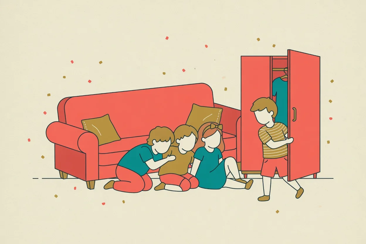 Illustration of three children squashed together in a hiding spot beside a sofa while another opens a wardrobe door