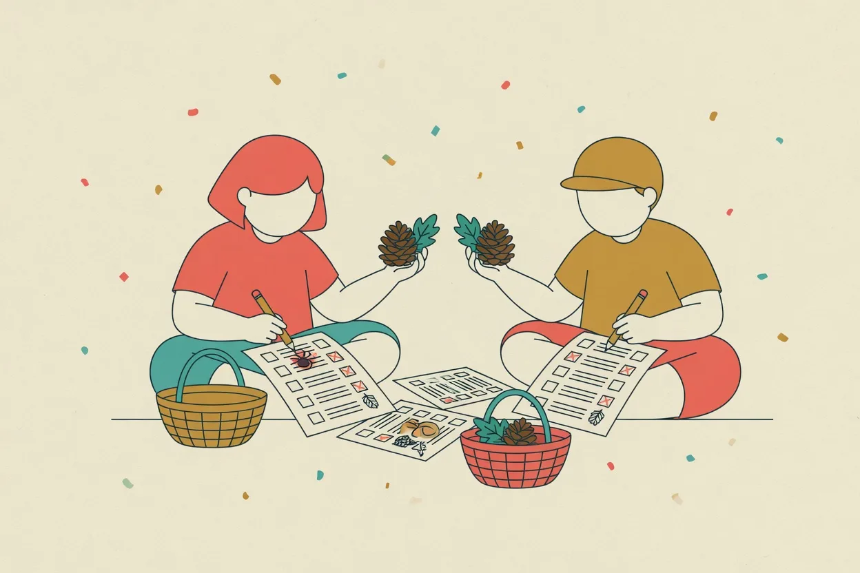 Illustration of two children ticking items off checklists with pencils, holding pinecones and leaves, collection baskets beside them