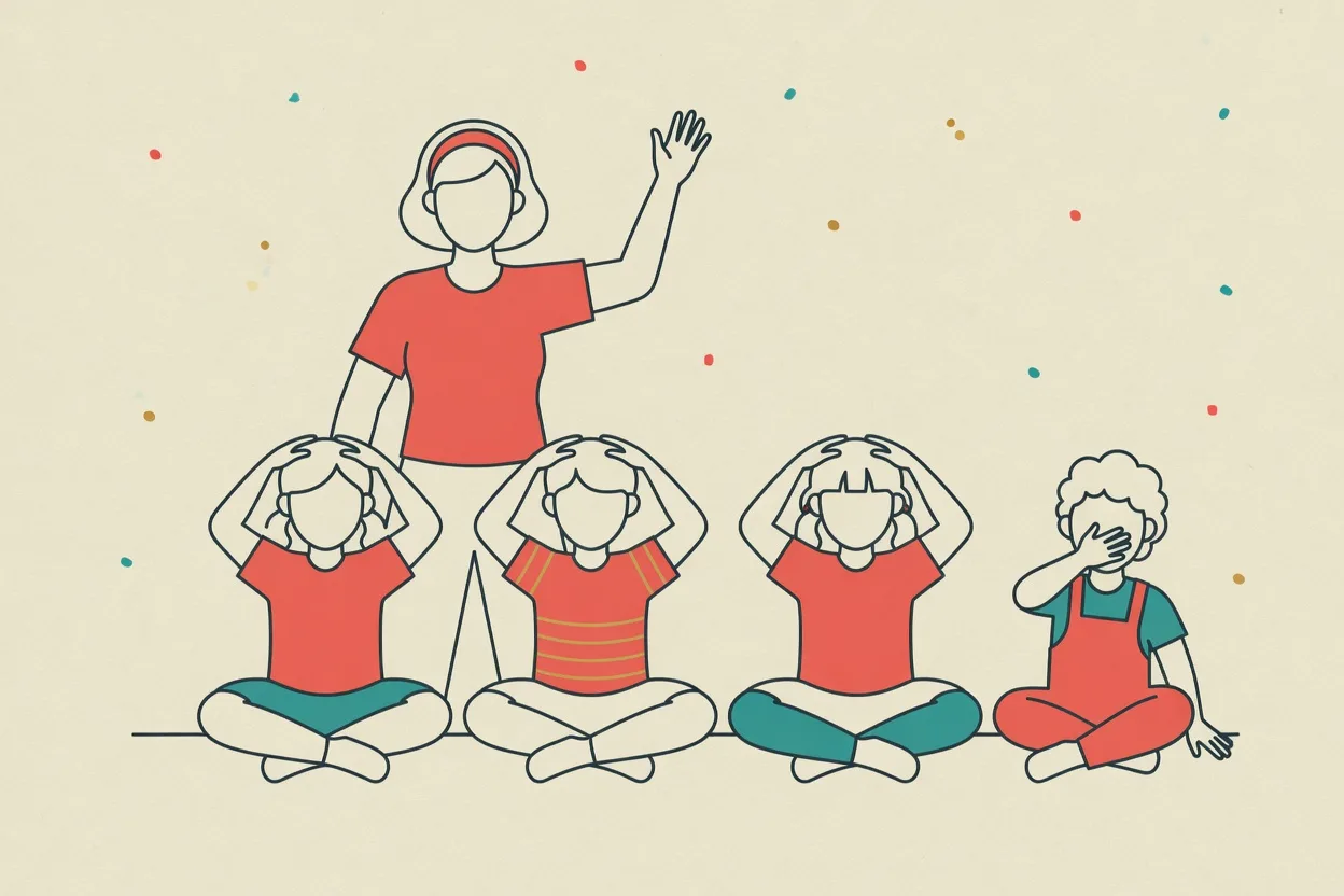 Illustration of a leader with one arm raised while three children copy with hands on their heads and a fourth is caught doing the wrong move