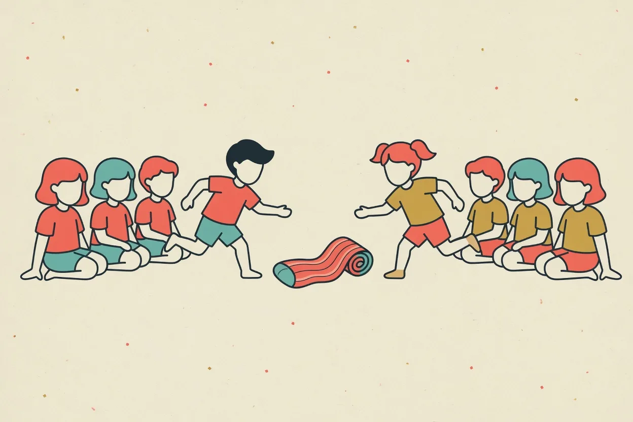 Illustration of two teams sitting facing each other as one child from each side dashes for a rolled sock in the middle