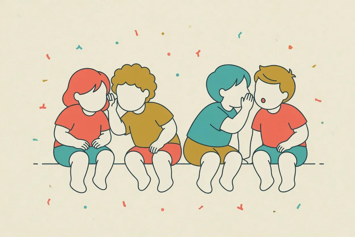 Illustration of four children sitting in a line, each cupping a hand to whisper into the next one's ear