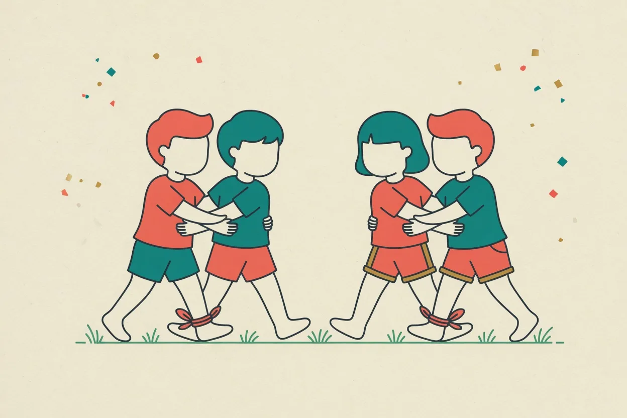 Illustration of two pairs of children racing with their inside ankles tied together, inside arms around each other's waists, leaning in as they stride