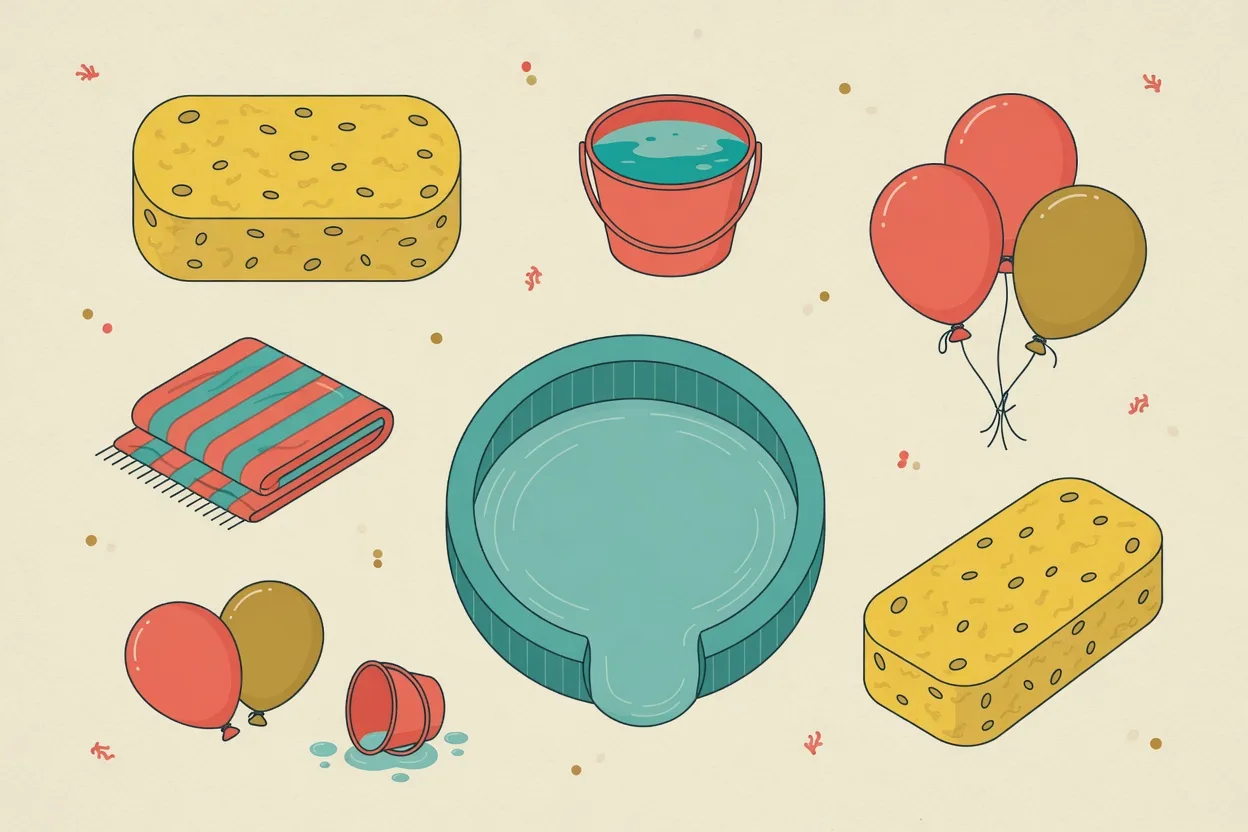 Illustration of water game kit laid out in a grid: sponges, a bucket of water, balloons, a folded towel and a paddling pool