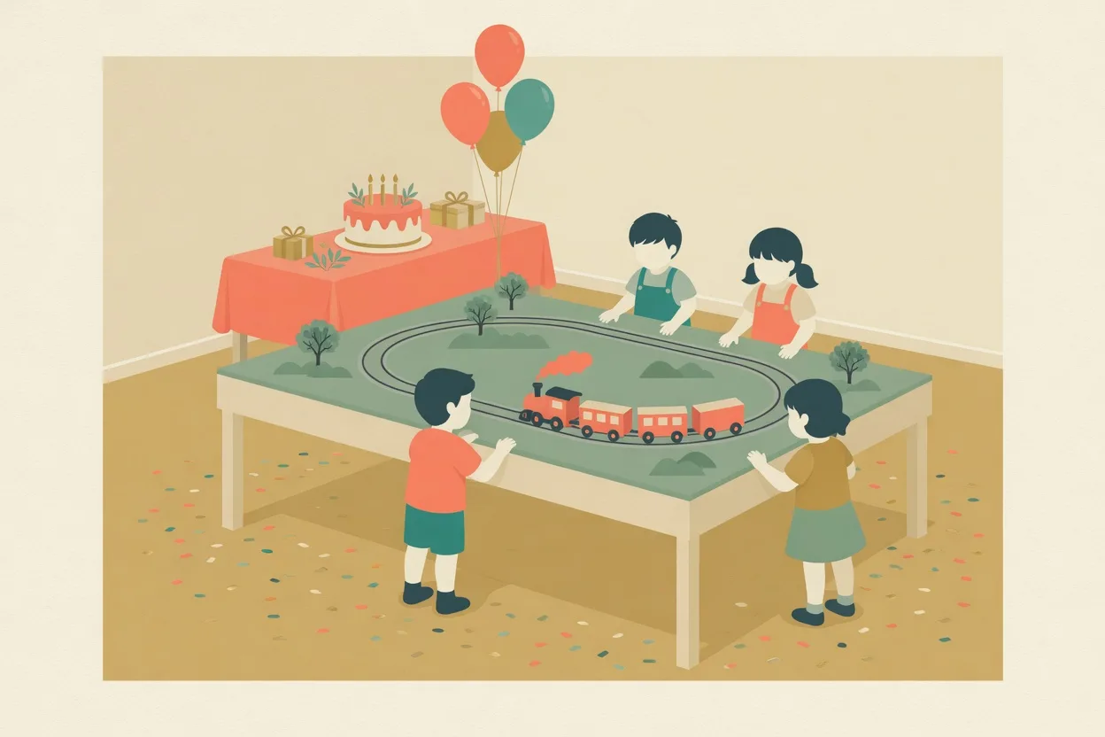 Illustration of a birthday party around a big model railway table, a toy steam train circling the track while four children watch, with a cake and balloons on a table behind