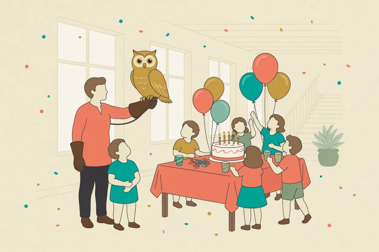 Illustration of a birthday party in a bright science-museum atrium, one child meeting a large owl on a gloved arm while others crowd a cake table
